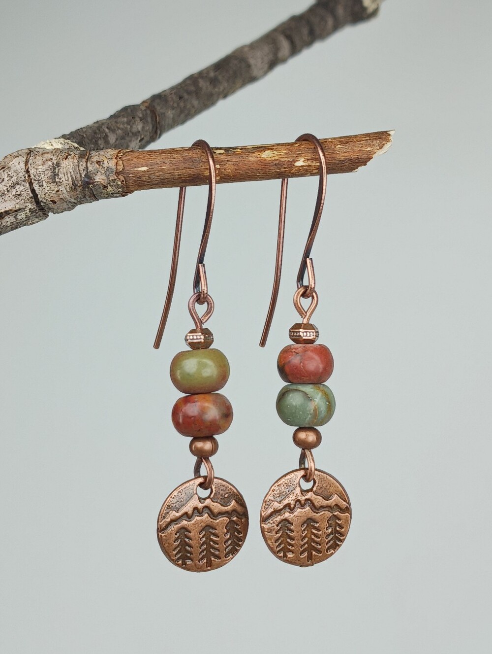Red Creek Jasper Earrings Copper Mountain Pine Tree Nature Hand Crafted - Picture 3 of 6